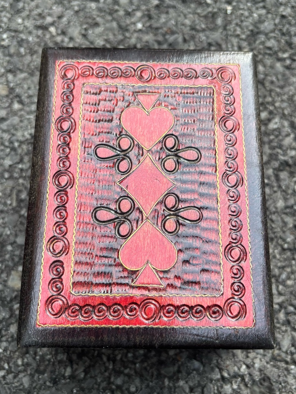 Vintage Hand Carved Polish Wooden Double Deck Card Box Split Lid Wood Trinket